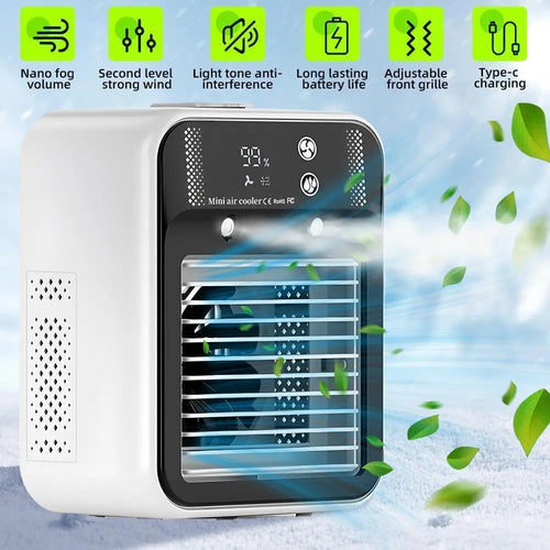 【DealsForYou】 Portable Air Conditioner 3-in-1 Fan with 2 Mist Speeds – Personal Evaporative Cooler for Bedroom, Office & Camping, 1800mAh Battery & 500ml Tank Air Cooler Fan