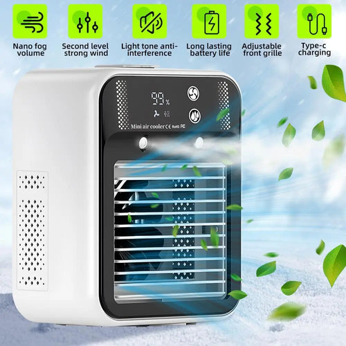 【DealsForYou】 Portable Air Conditioner 3-in-1 Fan with 2 Mist Speeds – Personal Evaporative Cooler for Bedroom, Office & Camping, 1800mAh Battery & 500ml Tank Air Cooler Fan