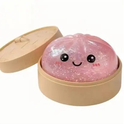 Portable Glitter Fidget Squeeze Toy, Transparent Dumpling Shaped Squishy with Steamer Box, Soft Anxiety Relief Desk Toy for Teens Adults & Kids Party Gift - Color: pink
