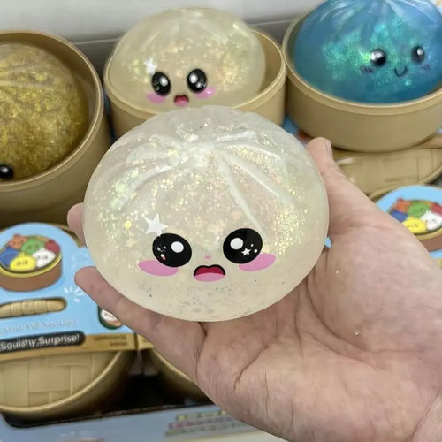Portable Glitter Fidget Squeeze Toy, Transparent Dumpling Shaped Squishy with Steamer Box, Soft Anxiety Relief Desk Toy for Teens Adults & Kids Party Gift